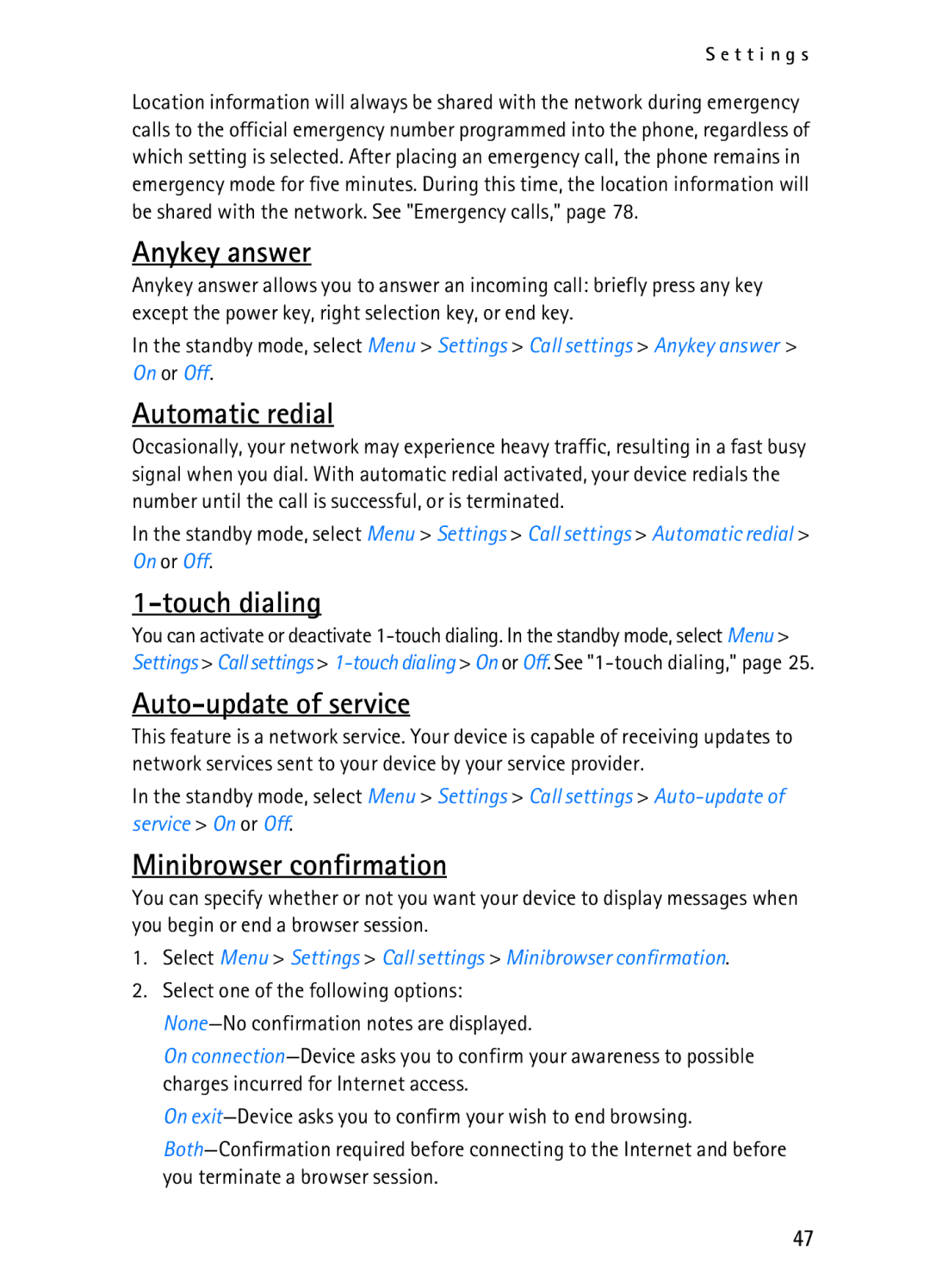 Nokia 2116i manual Anykey answer, Automatic redial, Touch dialing, Auto-update of service, Minibrowser confirmation 