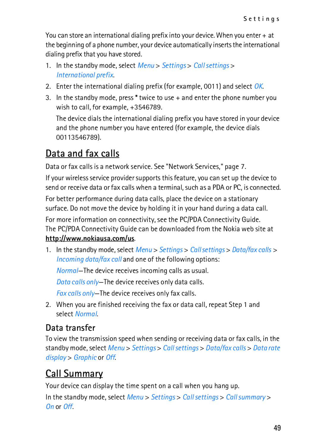 Nokia 2116i manual Data and fax calls, Call Summary, Data transfer 