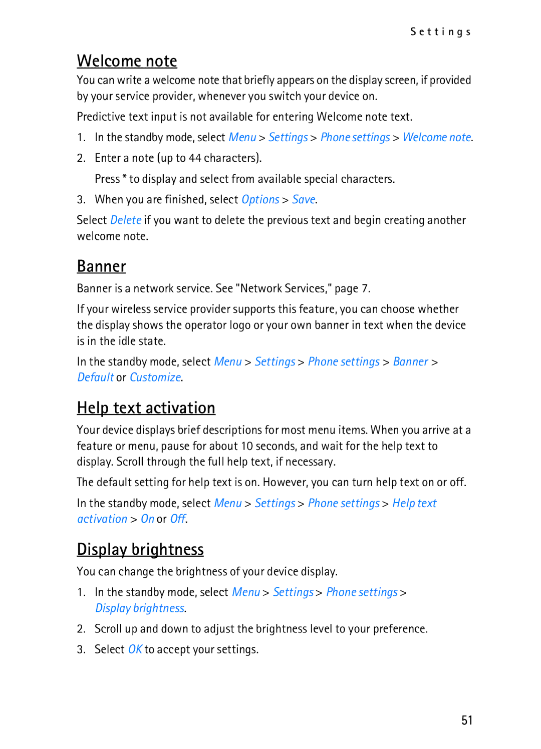 Nokia 2116i manual Welcome note, Banner, Help text activation, Display brightness 