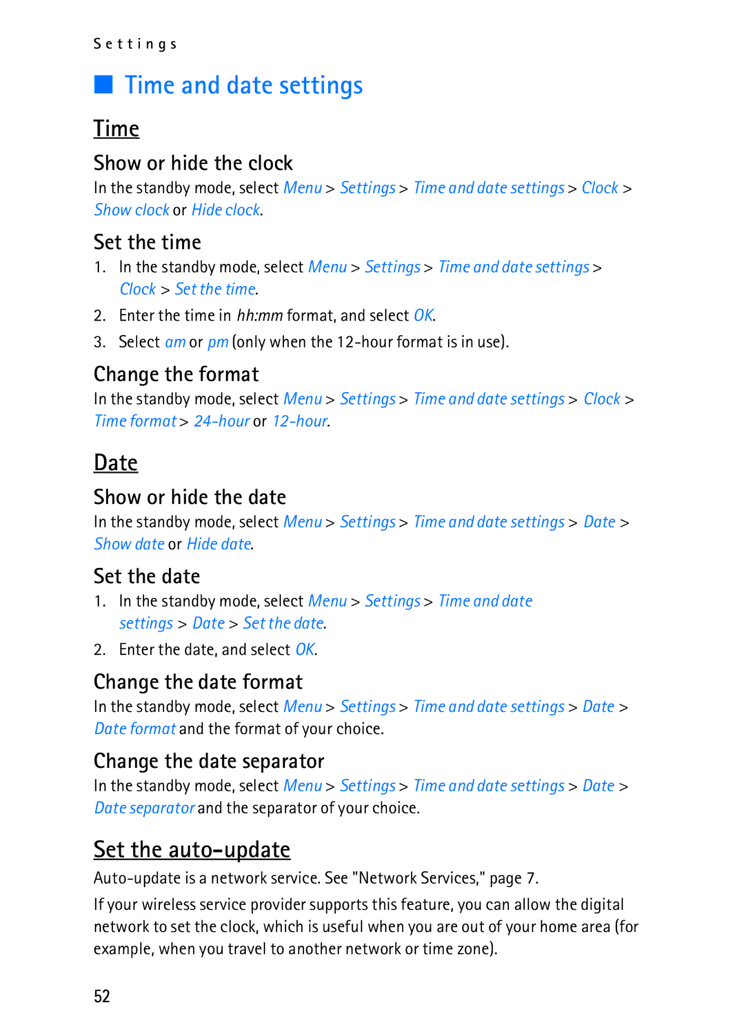 Nokia 2116i manual Time and date settings, Date, Set the auto-update 