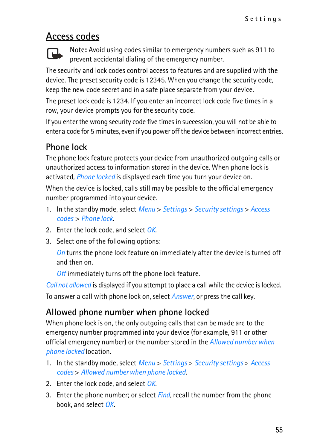 Nokia 2116i manual Access codes, Phone lock, Allowed phone number when phone locked 