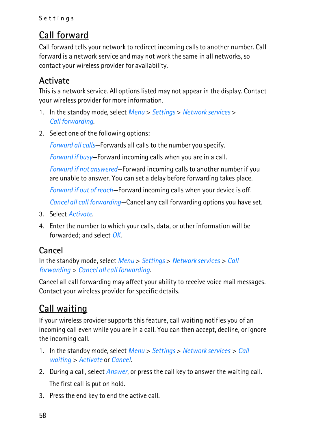 Nokia 2116i manual Call forward, Call waiting, Activate, Cancel 