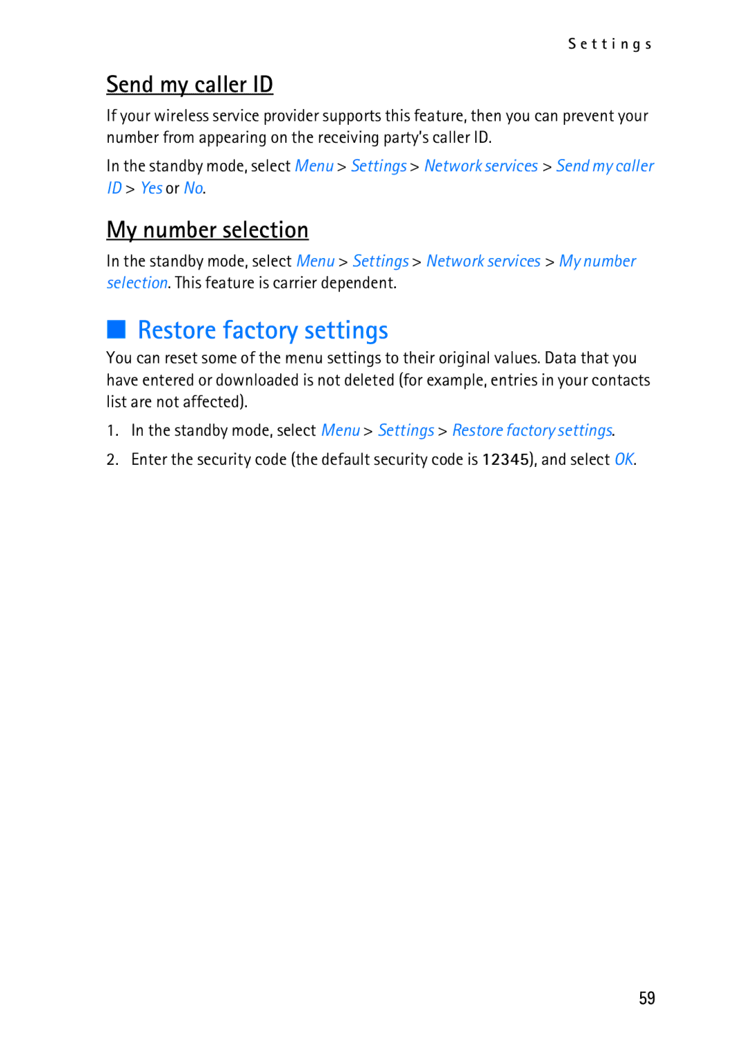 Nokia 2116i manual Restore factory settings, Send my caller ID, My number selection 