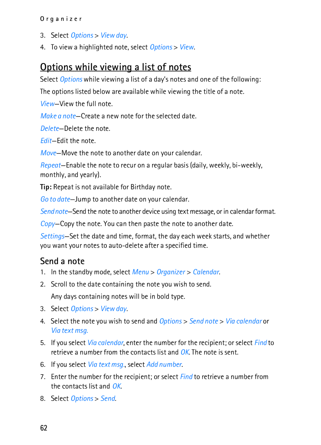 Nokia 2116i manual Options while viewing a list of notes, Send a note, Select Options View day 