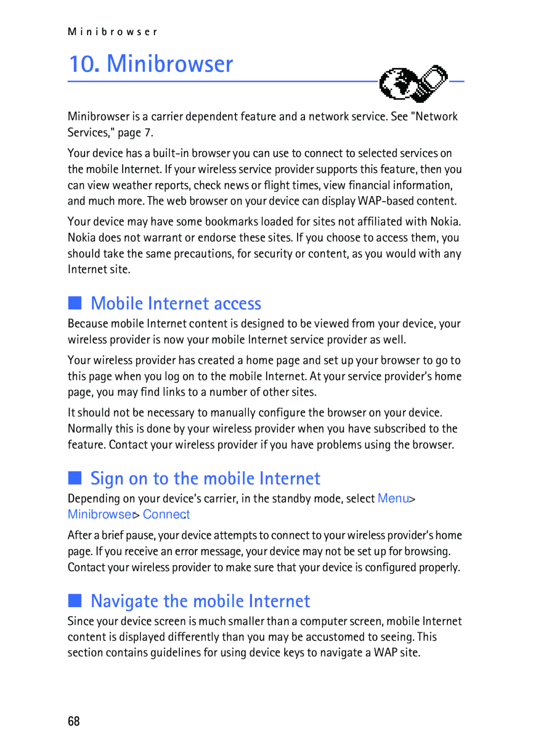 Nokia 2116i manual Minibrowser, Mobile Internet access, Sign on to the mobile Internet, Navigate the mobile Internet 