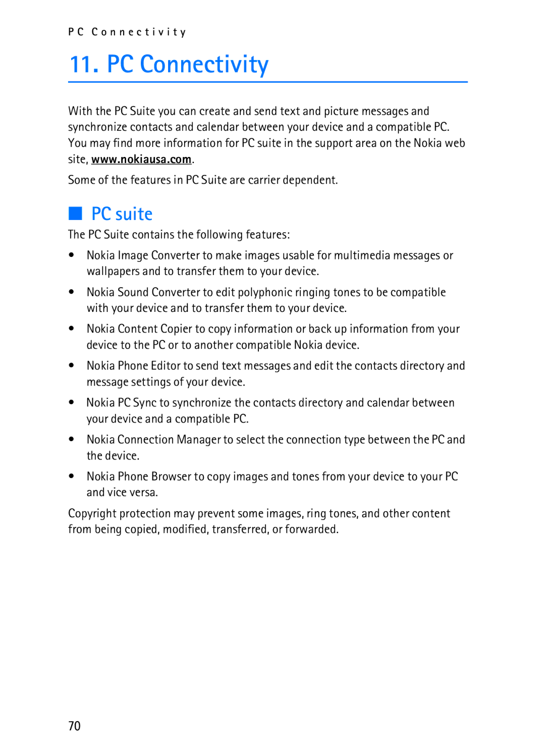 Nokia 2116i manual PC Connectivity, PC suite, Some of the features in PC Suite are carrier dependent 