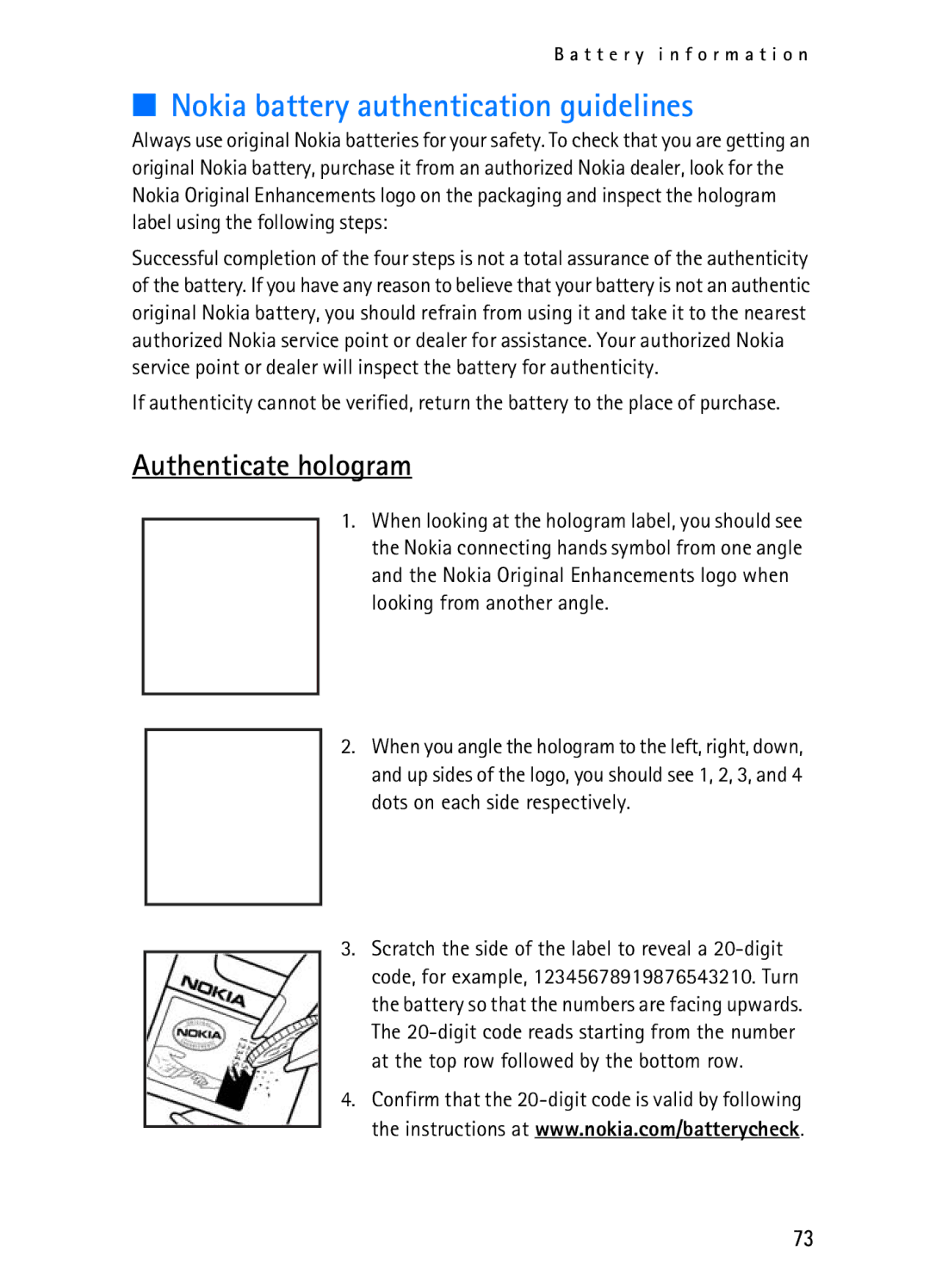 Nokia 2116i manual Nokia battery authentication guidelines, Authenticate hologram 