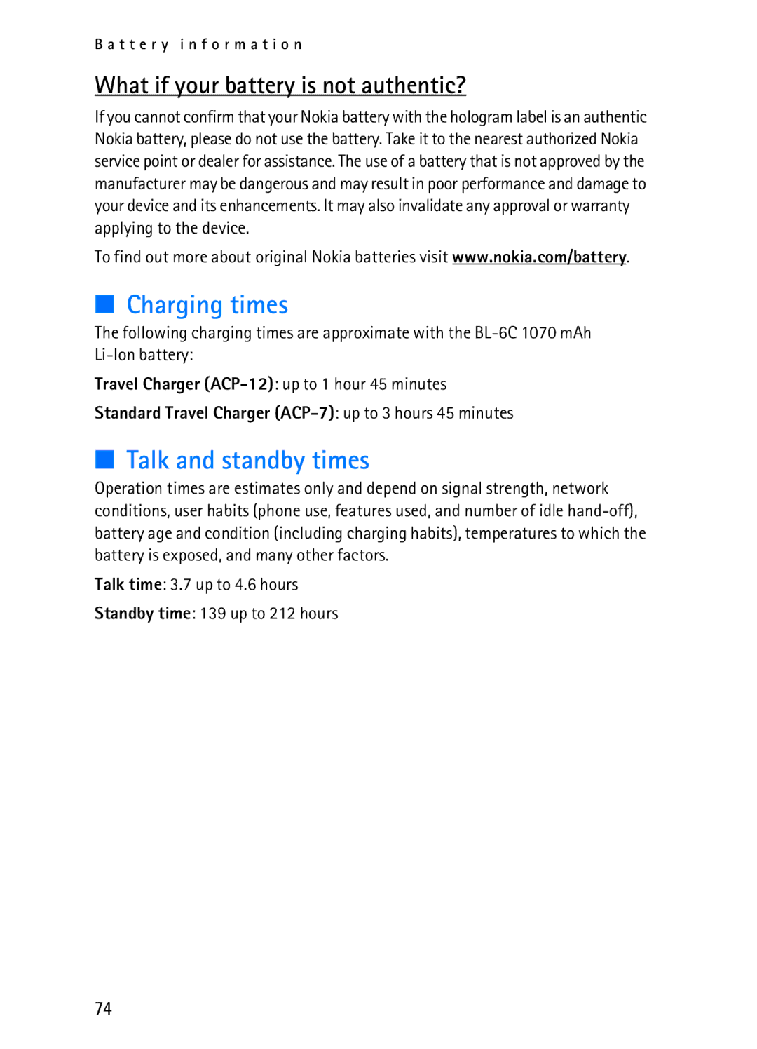 Nokia 2116i manual Charging times, Talk and standby times, What if your battery is not authentic? 