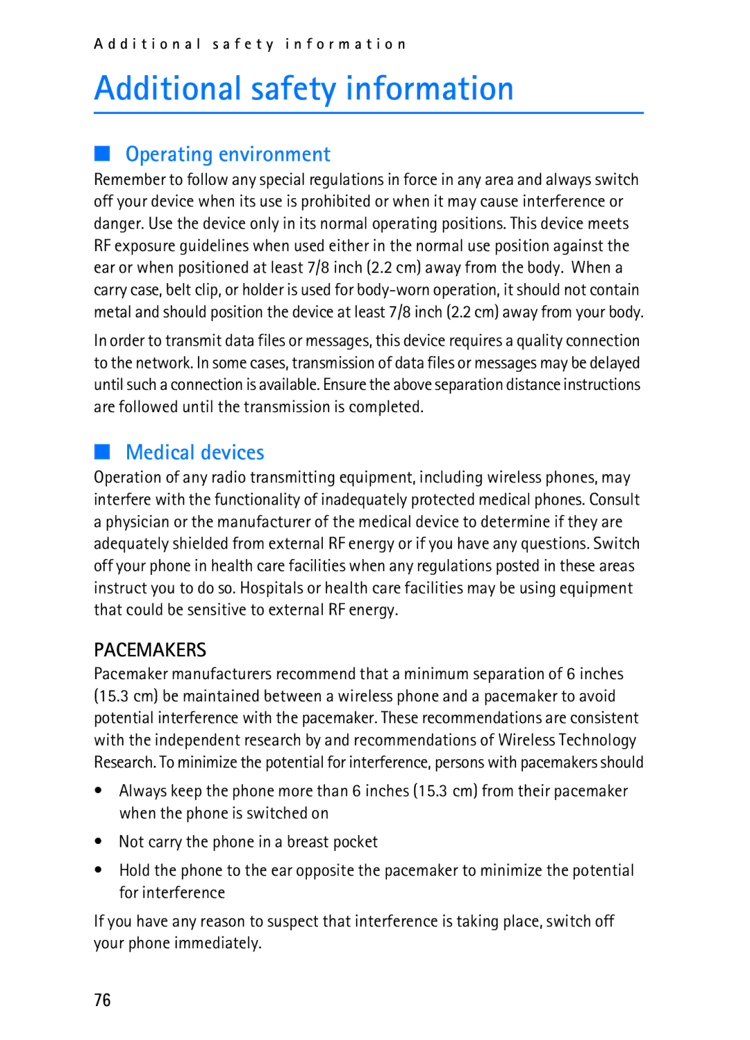 Nokia 2116i manual Additional safety information, Operating environment 