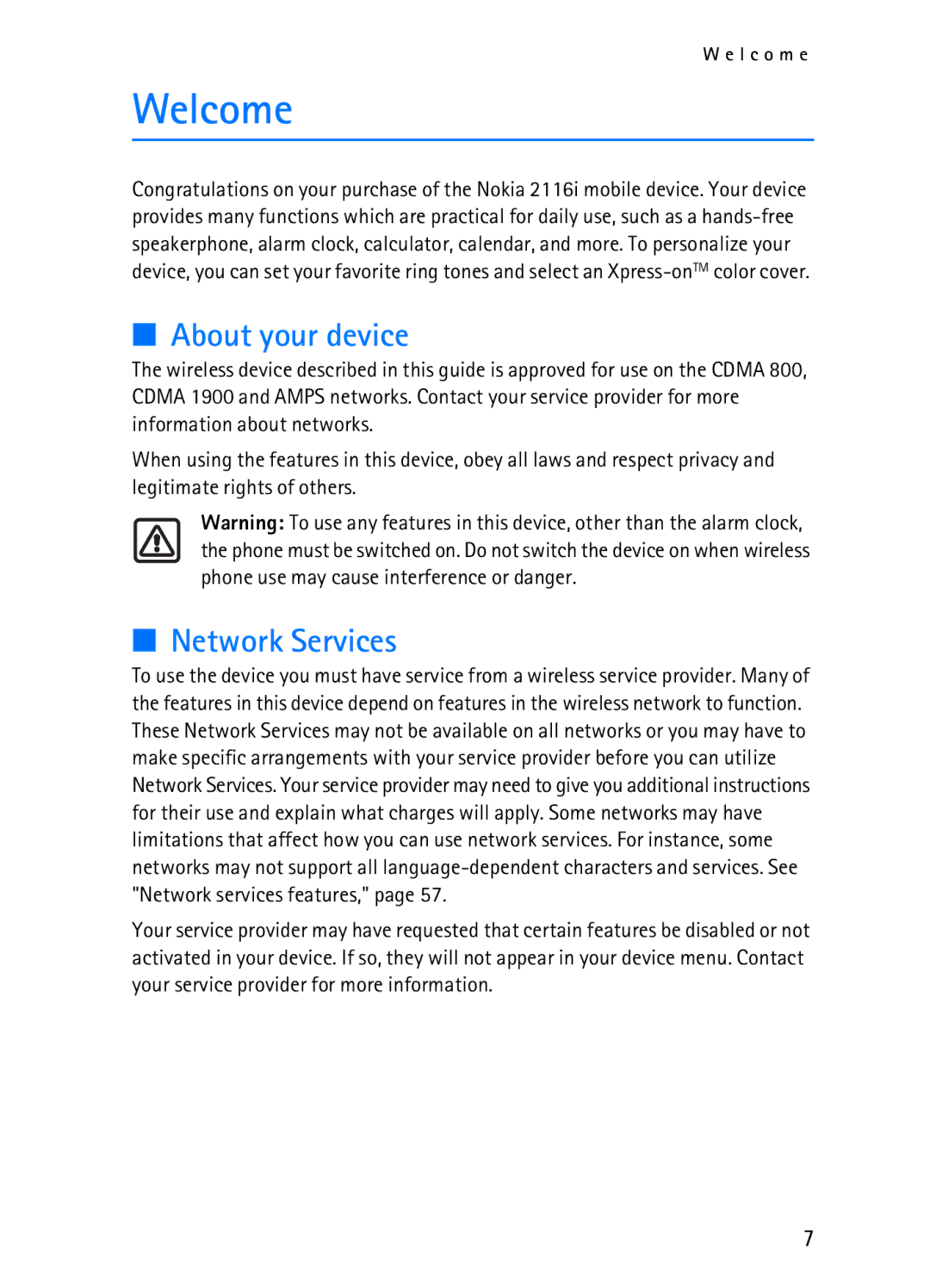 Nokia 2116i manual Welcome, About your device, Network Services 