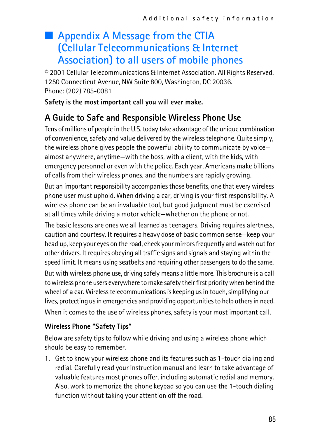 Nokia 2116i manual Association to all users of mobile phones, Guide to Safe and Responsible Wireless Phone Use, Phone 202 