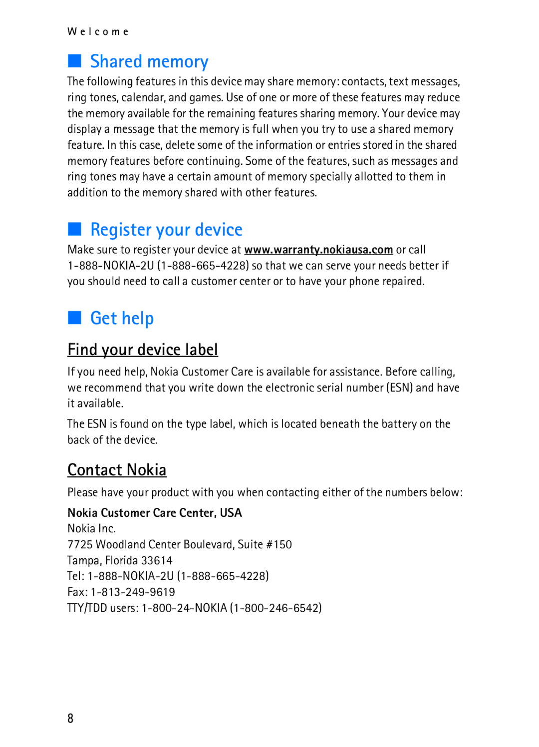 Nokia 2116i manual Shared memory, Register your device, Get help, Find your device label, Contact Nokia 