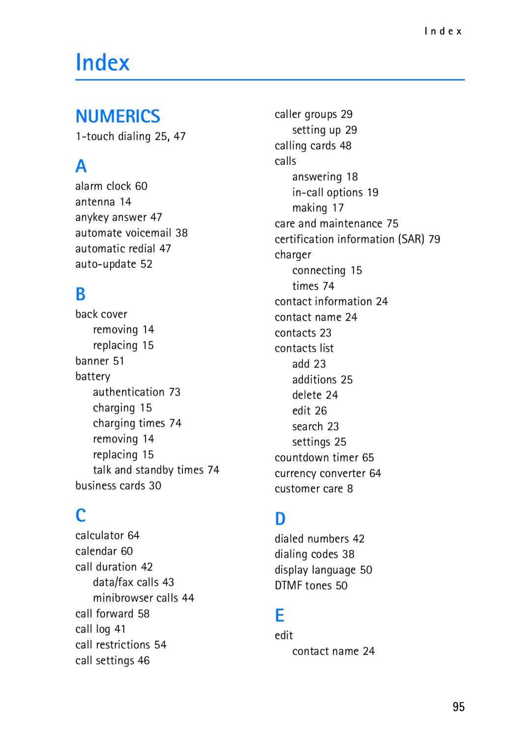 Nokia 2116i manual Index, Call forward 58 call log 