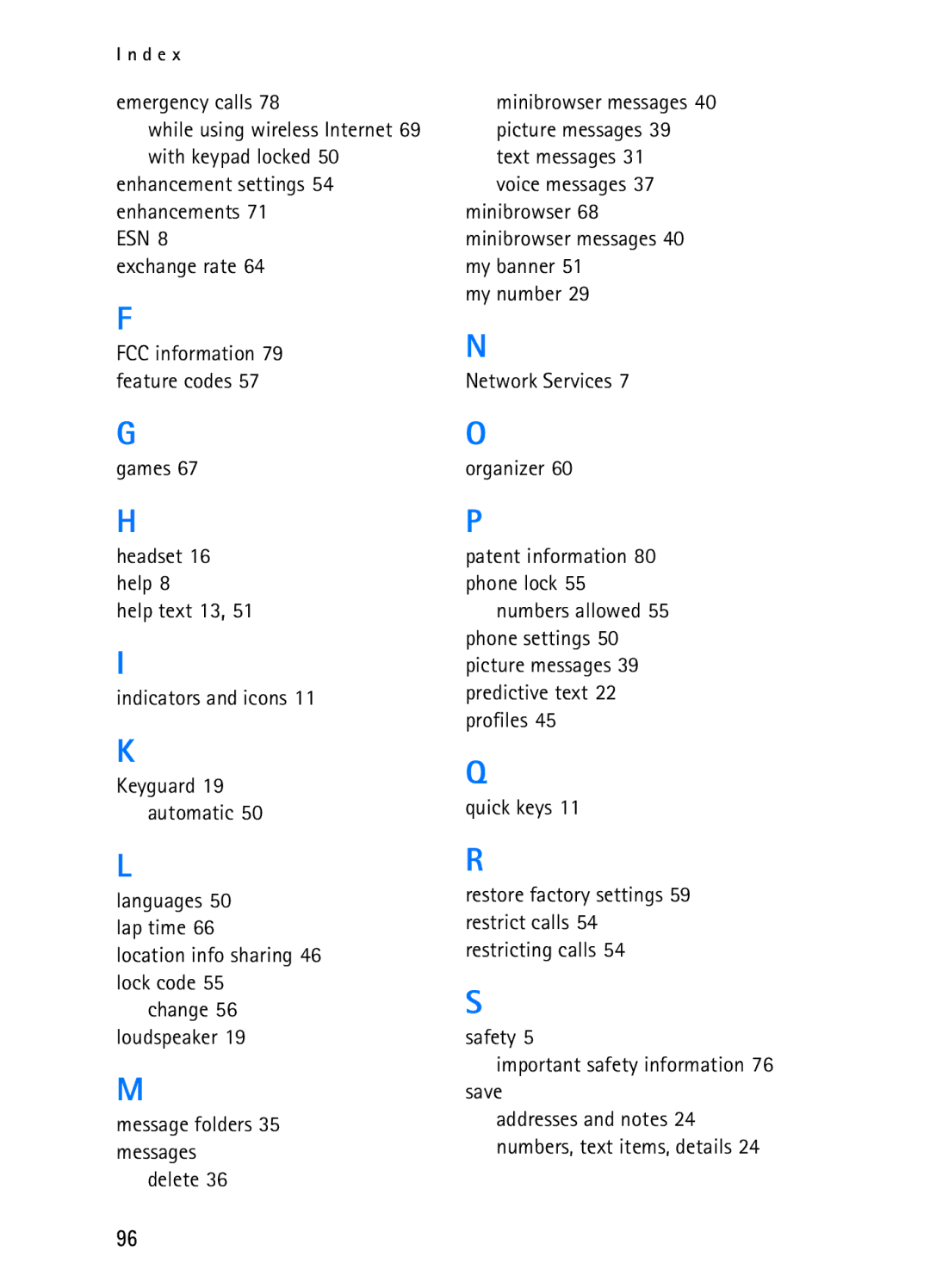 Nokia 2116i manual Emergency calls, Enhancement settings 54 enhancements, Exchange rate, Location info sharing 46 lock code 