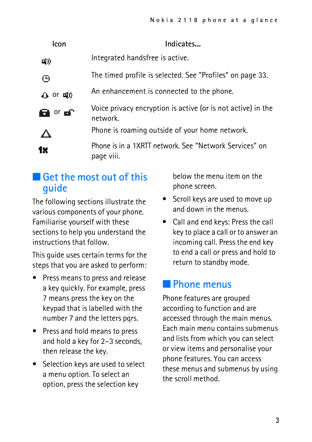 Nokia 2118 manual Get the most out of this guide, Phone menus, Below the menu item on the phone screen 