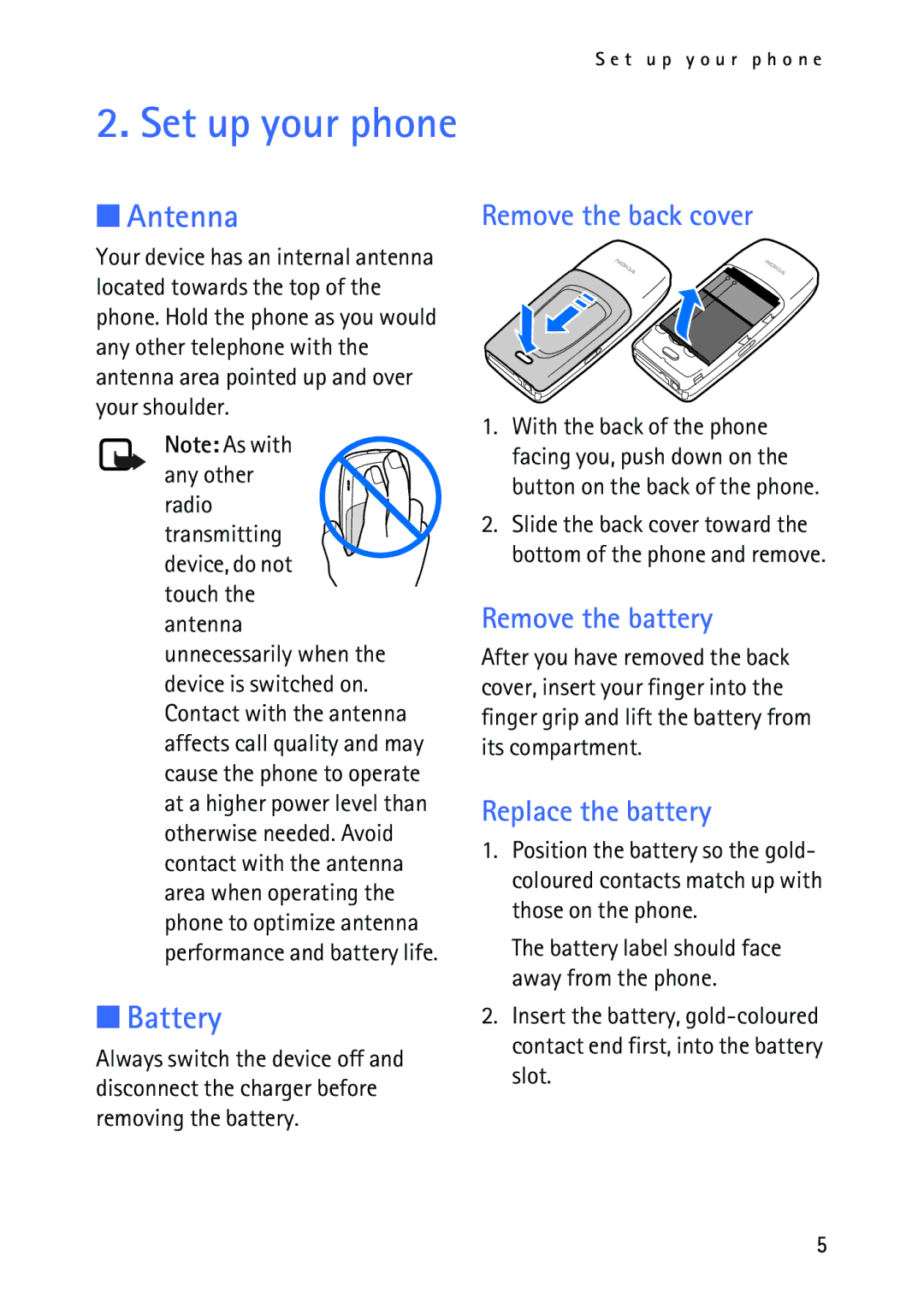 Nokia 2118 manual Set up your phone, Antenna, Battery, Remove the battery, Replace the battery 