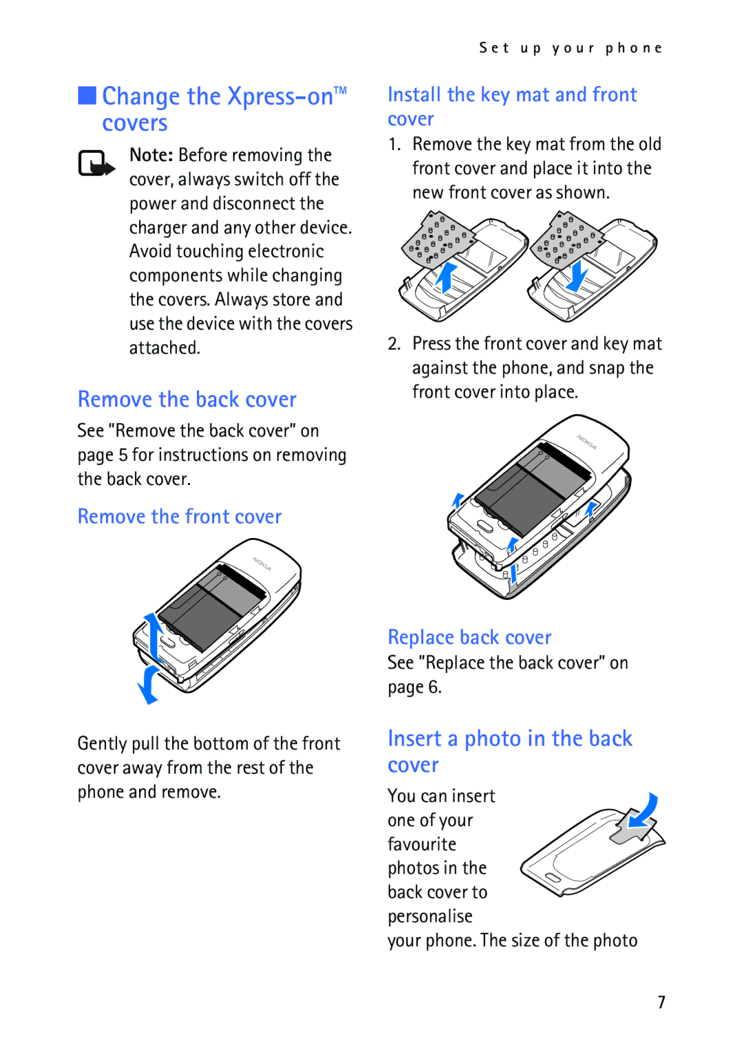 Nokia 2118 manual Change the Xpress-on covers, Remove the back cover, Insert a photo in the back cover 