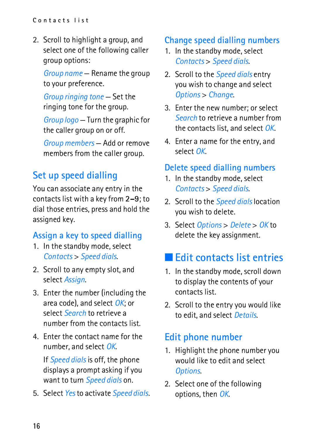 Nokia 2118 manual Edit contacts list entries, Set up speed dialling, Edit phone number 