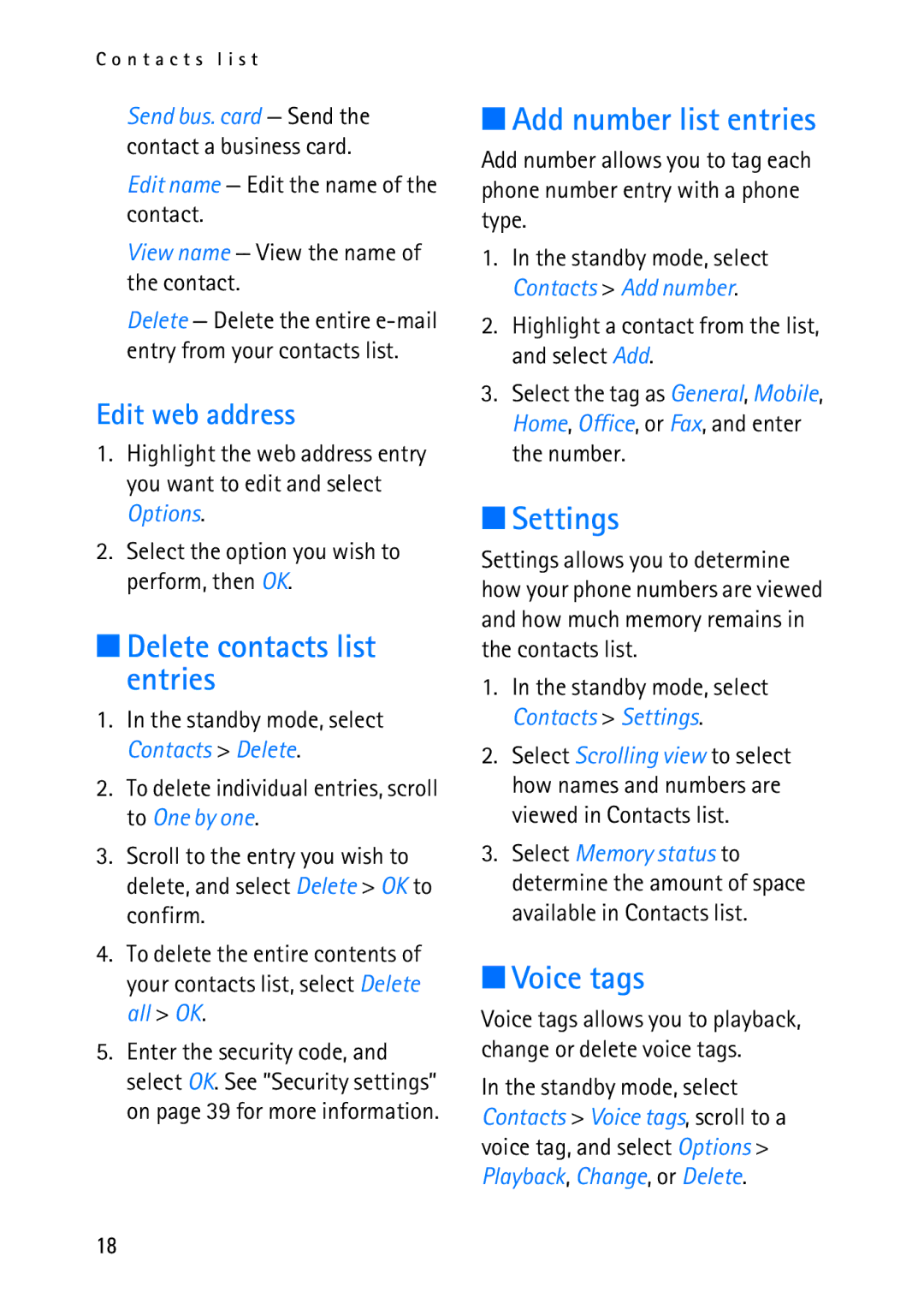 Nokia 2118 manual Delete contacts list entries, Add number list entries, Settings, Voice tags, Edit web address 