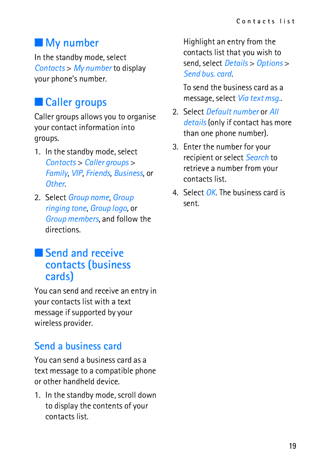 Nokia 2118 manual My number, Caller groups, Send and receive contacts business cards, Send a business card 