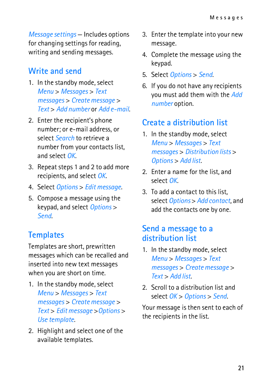 Nokia 2118 manual Write and send, Templates, Create a distribution list, Send a message to a distribution list 