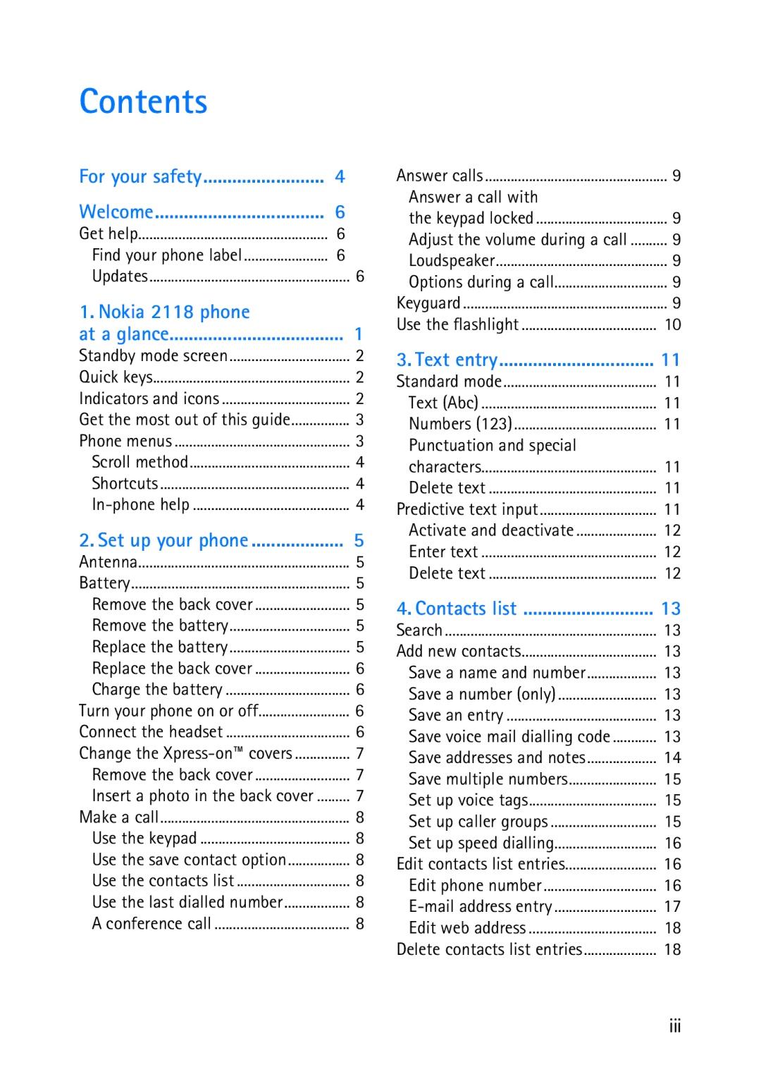 Nokia 2118 manual Contents 