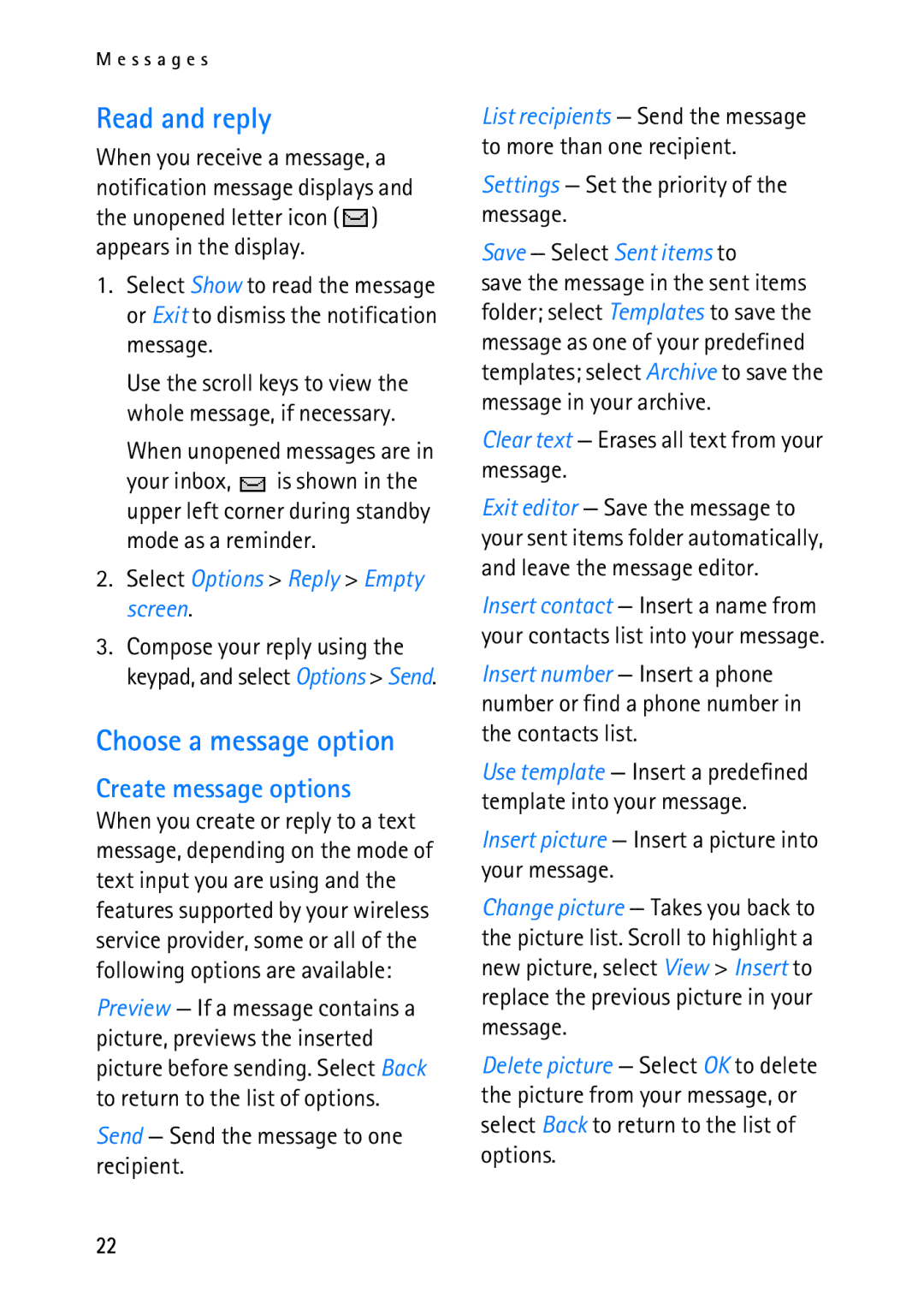 Nokia 2118 manual Read and reply, Choose a message option, Create message options 