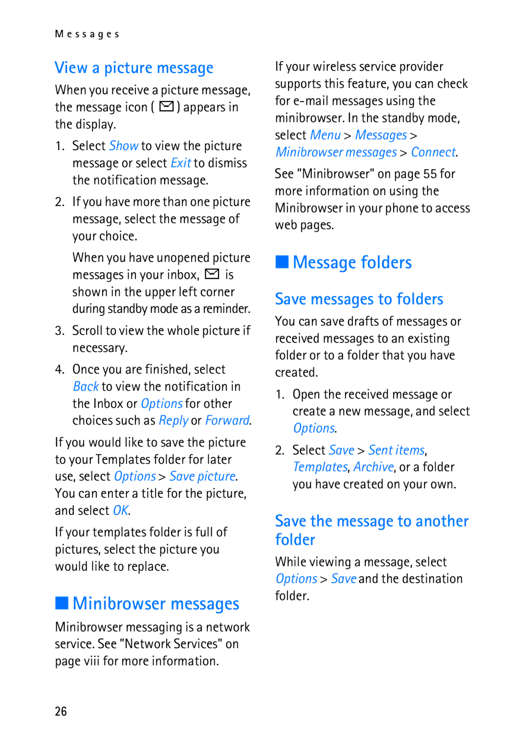 Nokia 2118 manual Message folders, View a picture message, Minibrowser messages, Save messages to folders 