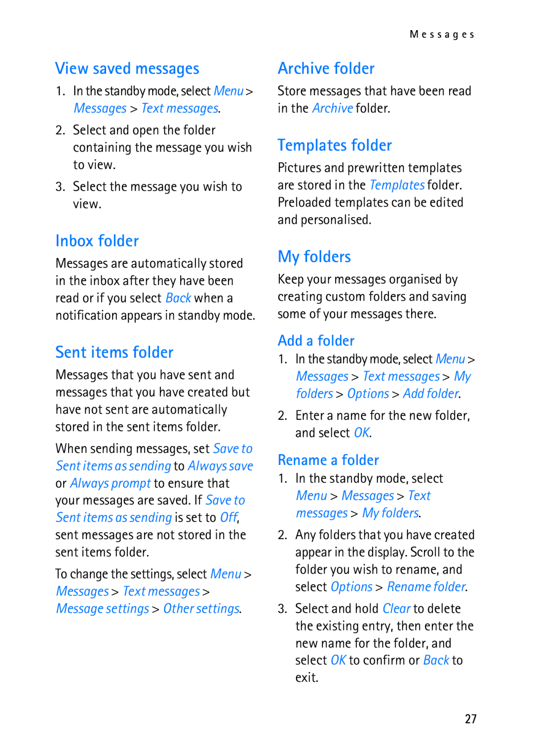 Nokia 2118 manual View saved messages, Inbox folder, Archive folder, Templates folder, My folders, Sent items folder 