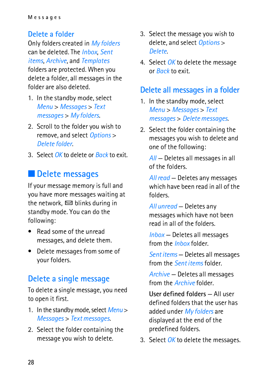 Nokia 2118 manual Delete messages, Delete a single message, Delete all messages in a folder, Delete a folder 