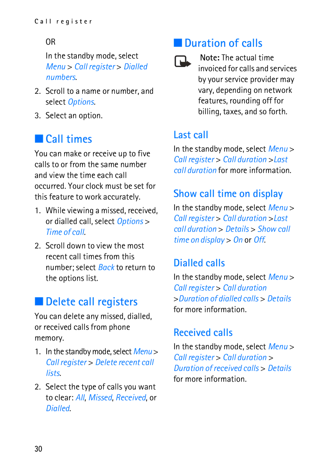 Nokia 2118 manual Duration of calls Call times, Delete call registers 