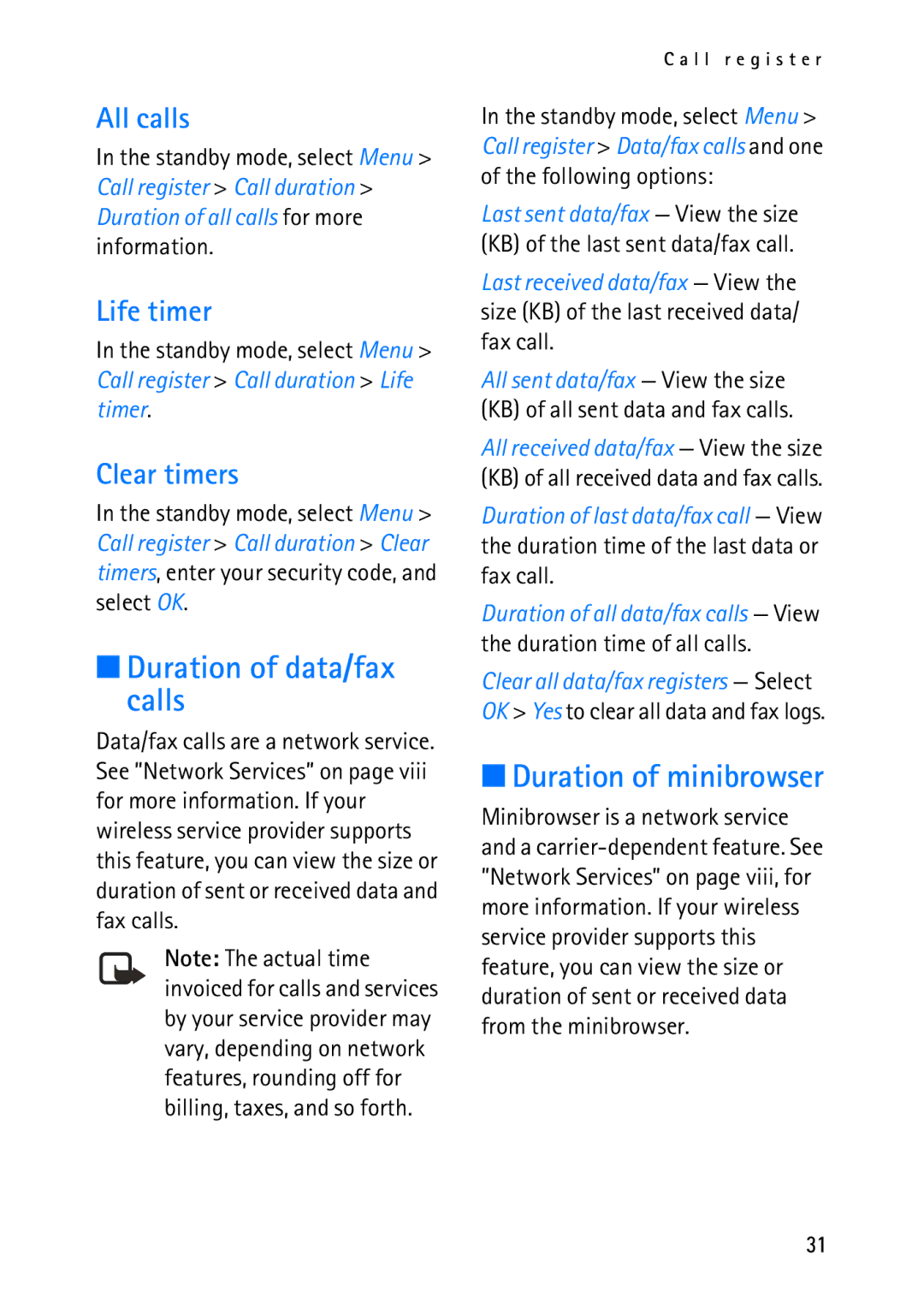 Nokia 2118 manual Duration of data/fax calls, Duration of minibrowser, All calls, Life timer, Clear timers 