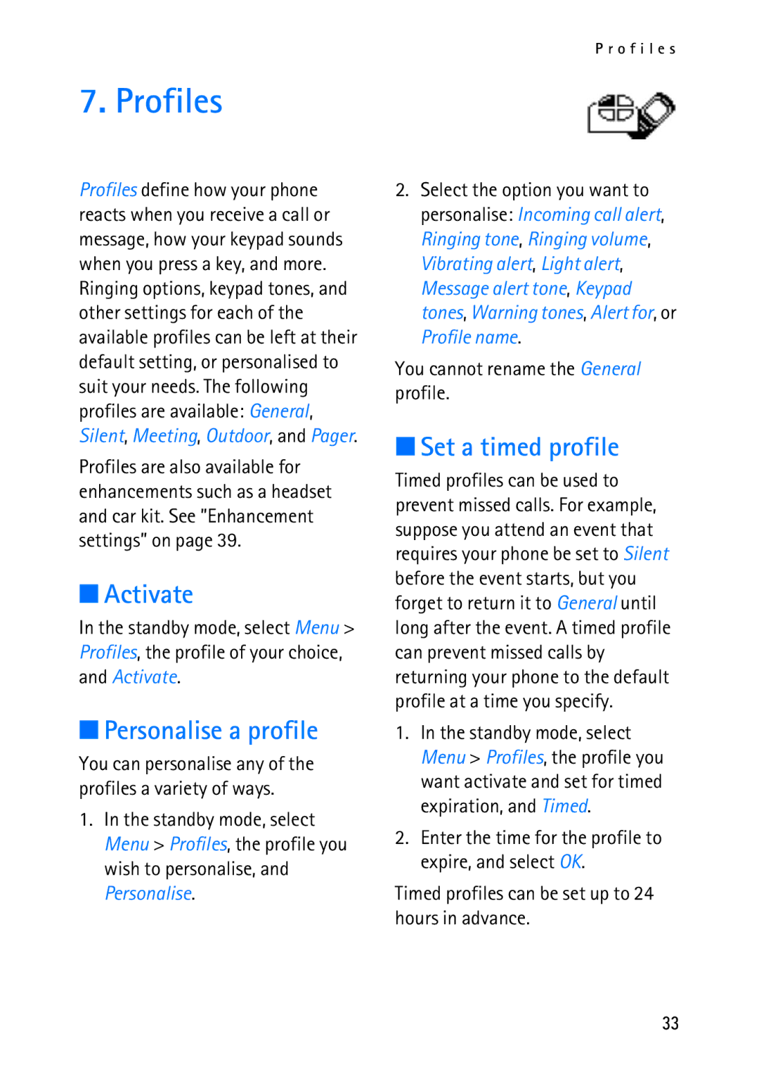 Nokia 2118 manual Profiles, Activate, Personalise a profile, Set a timed profile, You cannot rename the General profile 