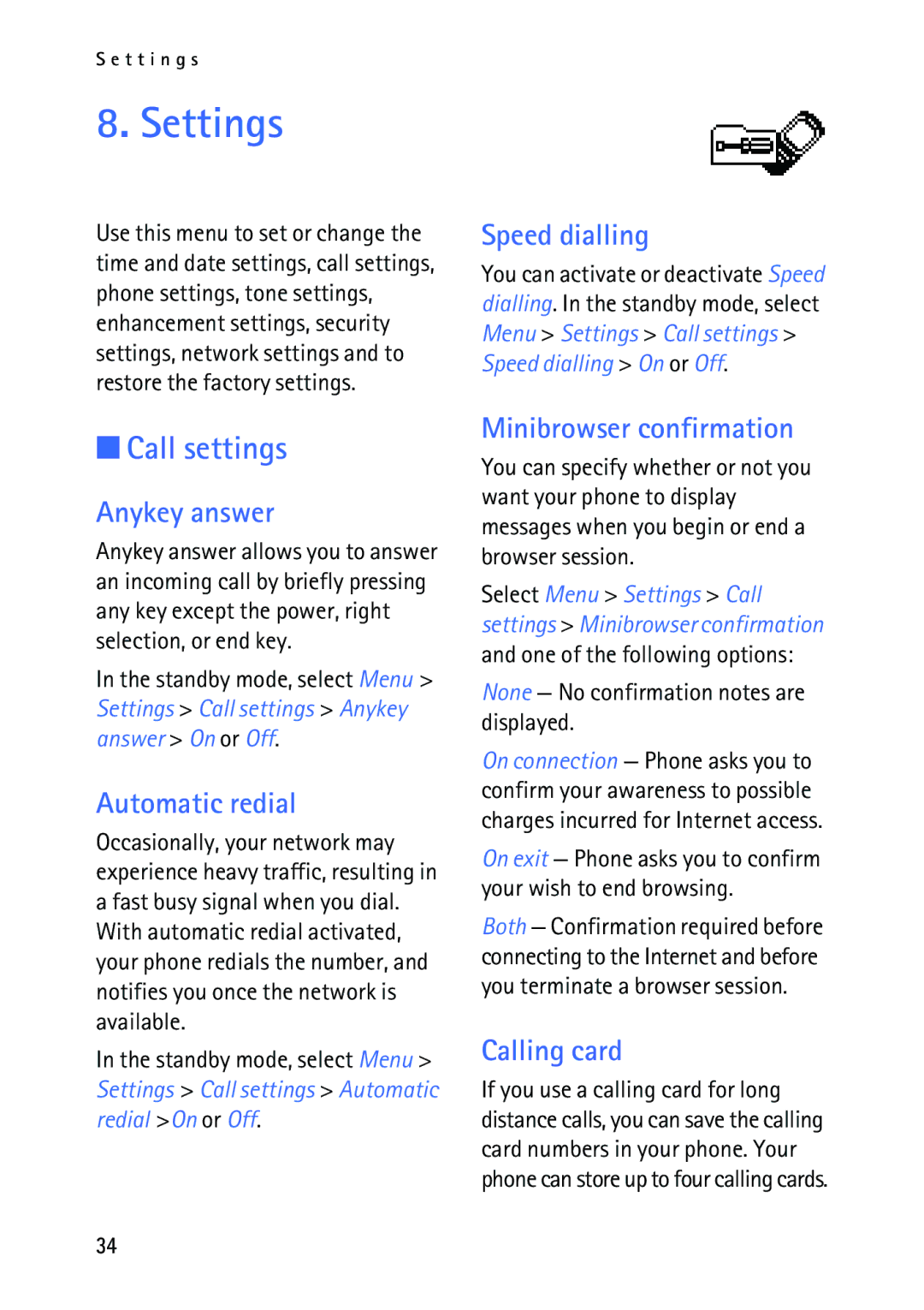 Nokia 2118 manual Settings, Call settings 