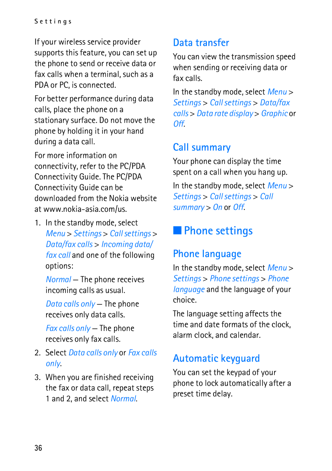 Nokia 2118 manual Phone settings, Data transfer, Call summary, Phone language, Automatic keyguard 