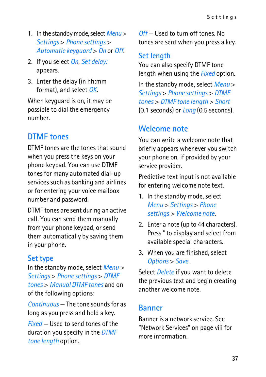Nokia 2118 manual Dtmf tones, Welcome note, Banner, Set type, Set length 