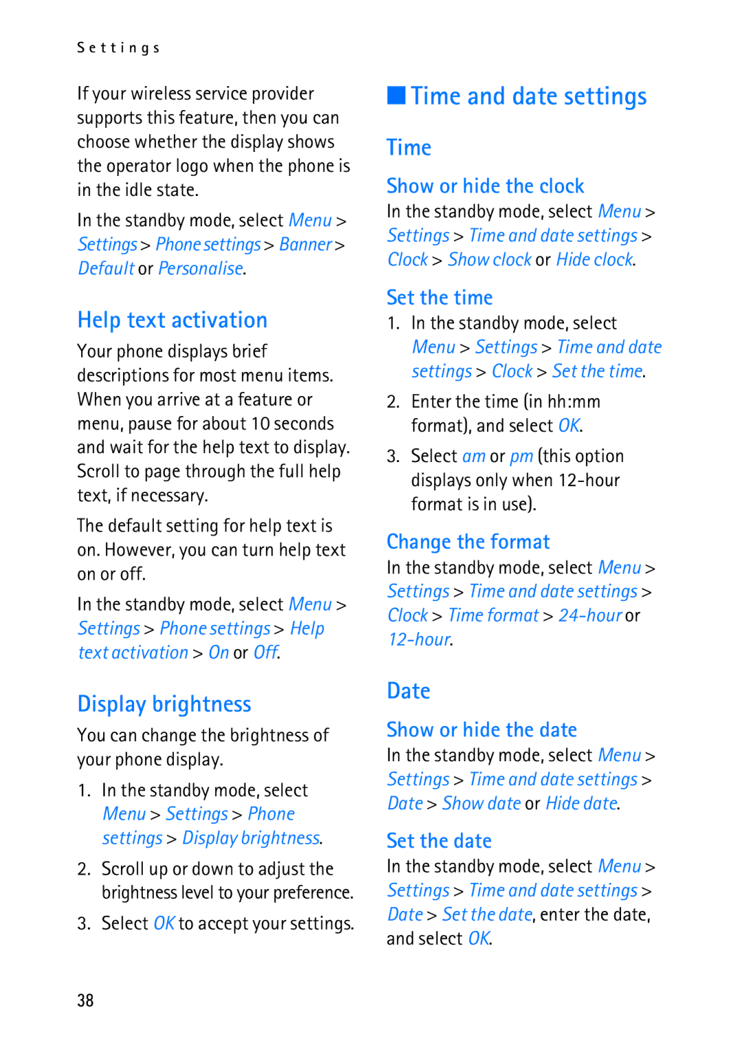 Nokia 2118 manual Time and date settings, Help text activation, Display brightness, Date 