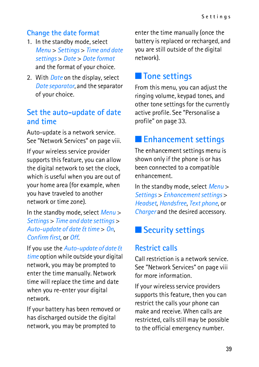 Nokia 2118 Tone settings, Enhancement settings, Security settings, Set the auto-update of date and time, Restrict calls 