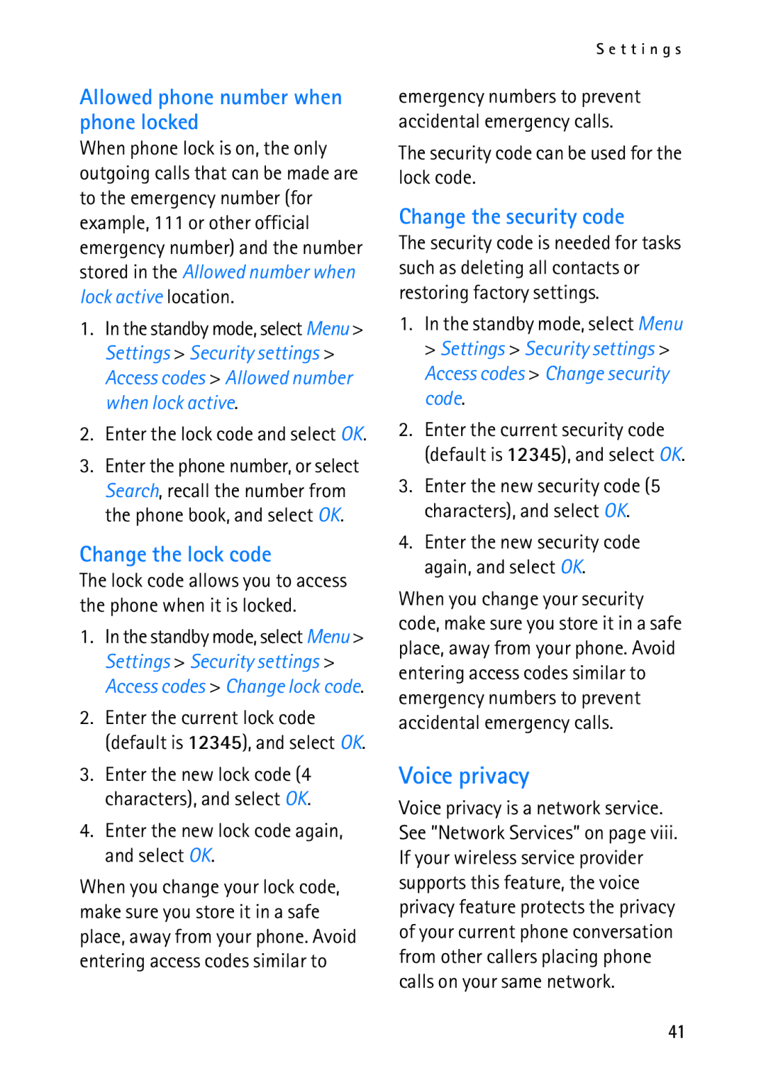 Nokia 2118 manual Voice privacy, Allowed phone number when phone locked, Change the lock code, Change the security code 