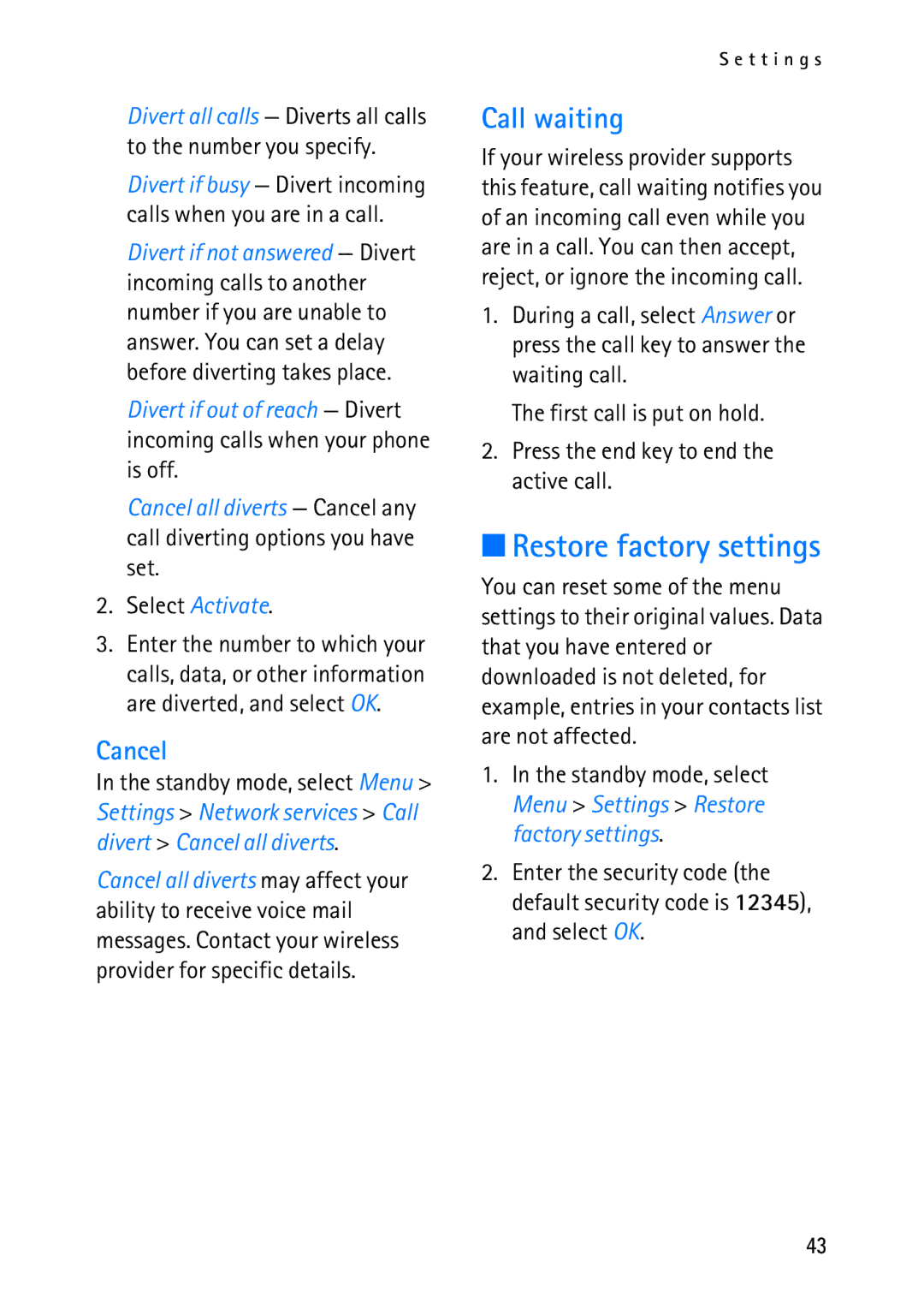 Nokia 2118 manual Restore factory settings, Call waiting, Cancel, Select Activate 