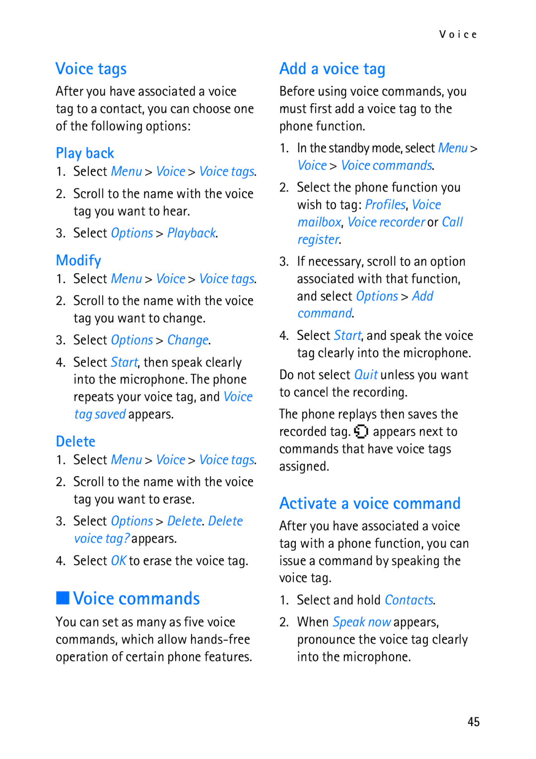 Nokia 2118 manual Voice commands, Voice tags, Add a voice tag, Activate a voice command 