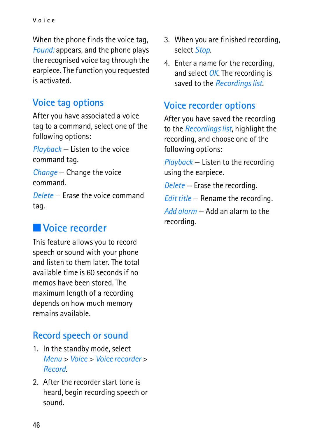 Nokia 2118 manual Voice tag options, Record speech or sound, Voice recorder options 