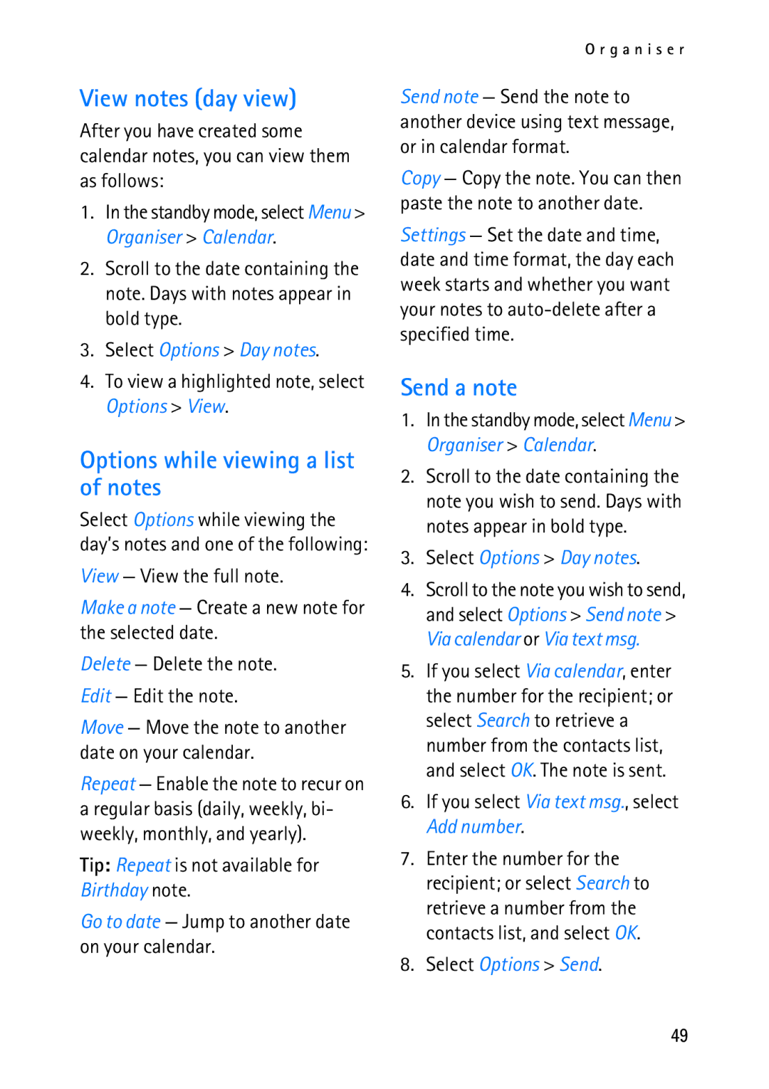 Nokia 2118 manual View notes day view, Options while viewing a list of notes, Send a note, Select Options Day notes 