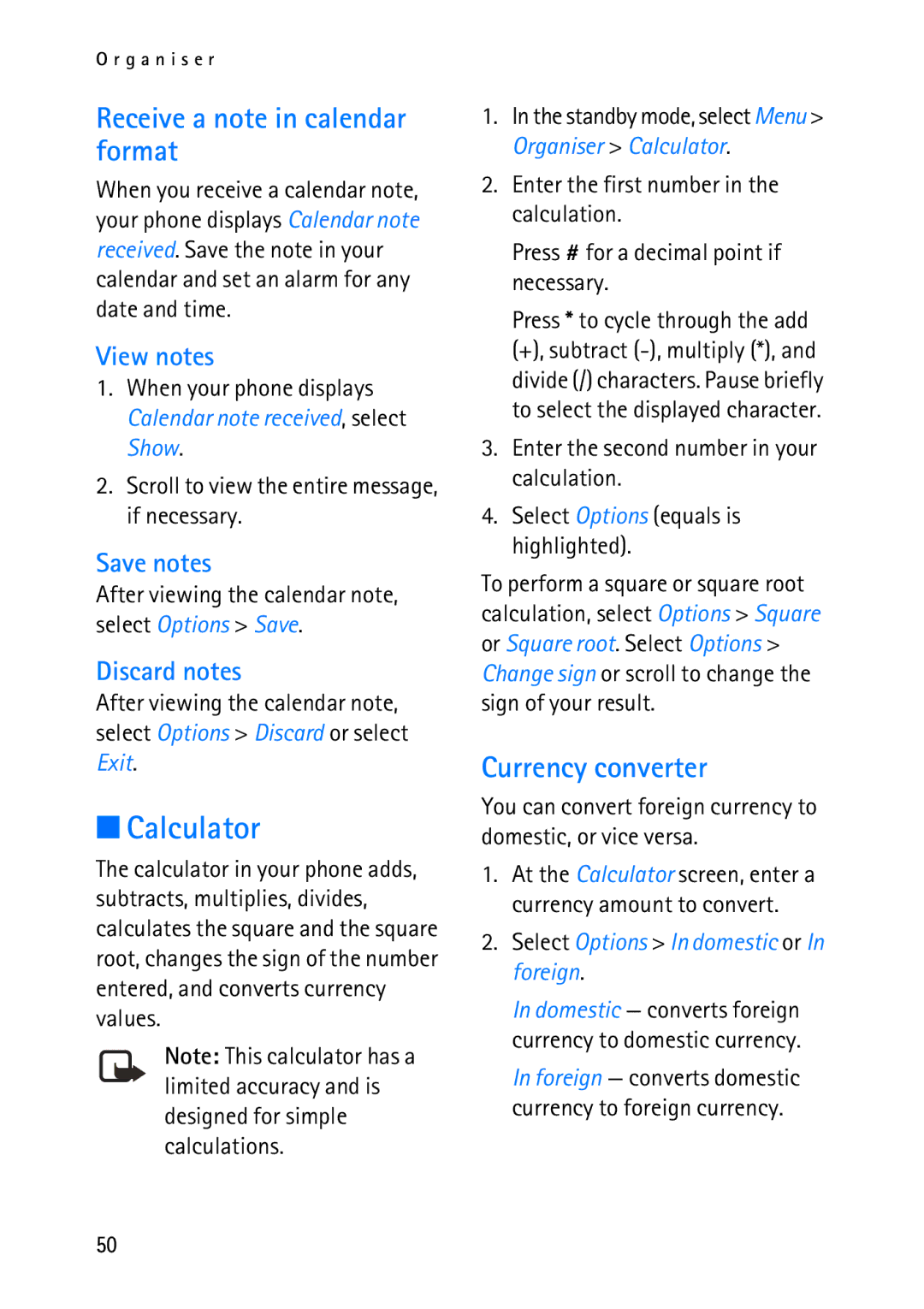 Nokia 2118 manual Calculator, Receive a note in calendar format, Currency converter 