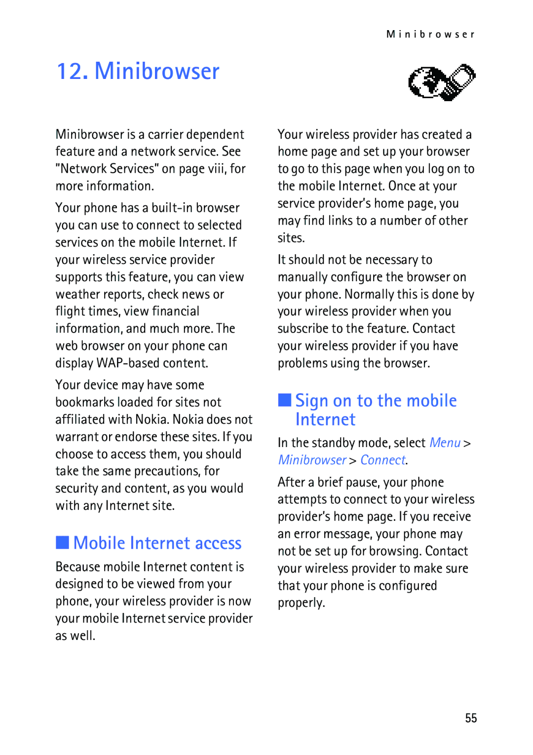 Nokia 2118 manual Minibrowser, Mobile Internet access, Sign on to the mobile Internet 