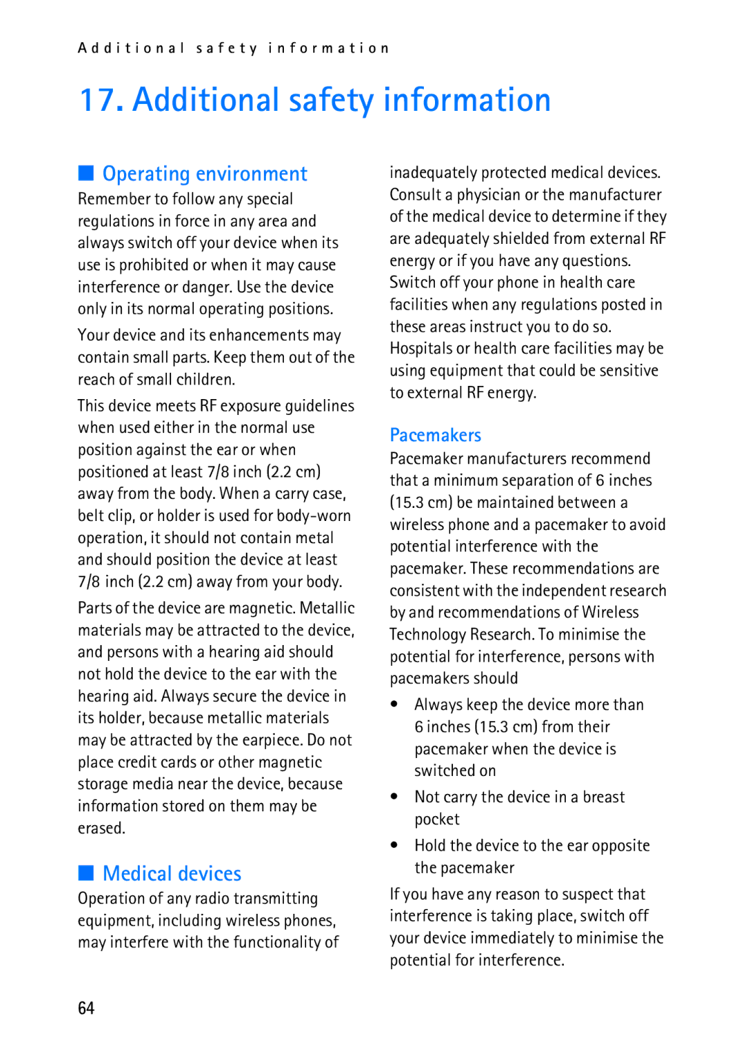 Nokia 2118 manual Additional safety information, Operating environment, Medical devices 