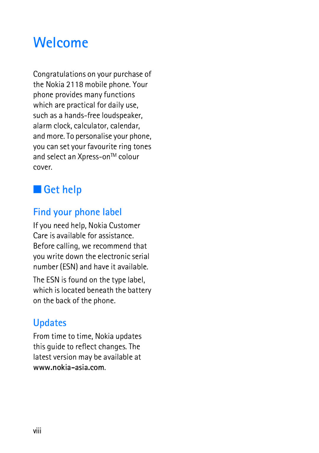 Nokia 2118 manual Welcome, Get help, Find your phone label, Updates 