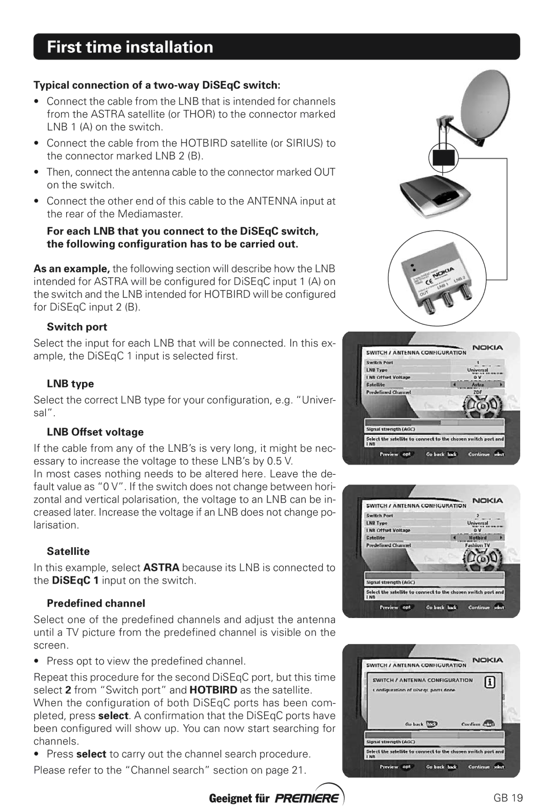 Nokia 211S manual Typical connection of a two-way DiSEqC switch, Switch port 