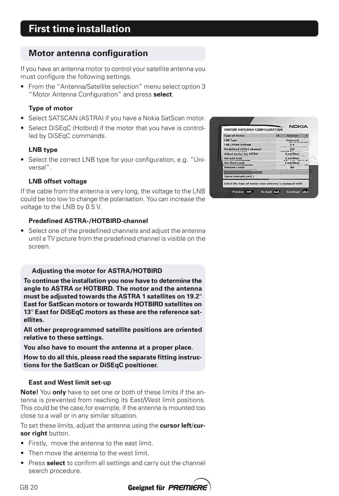 Nokia 211S manual Motor antenna configuration, Type of motor, Predefined ASTRA-/HOTBIRD-channel 