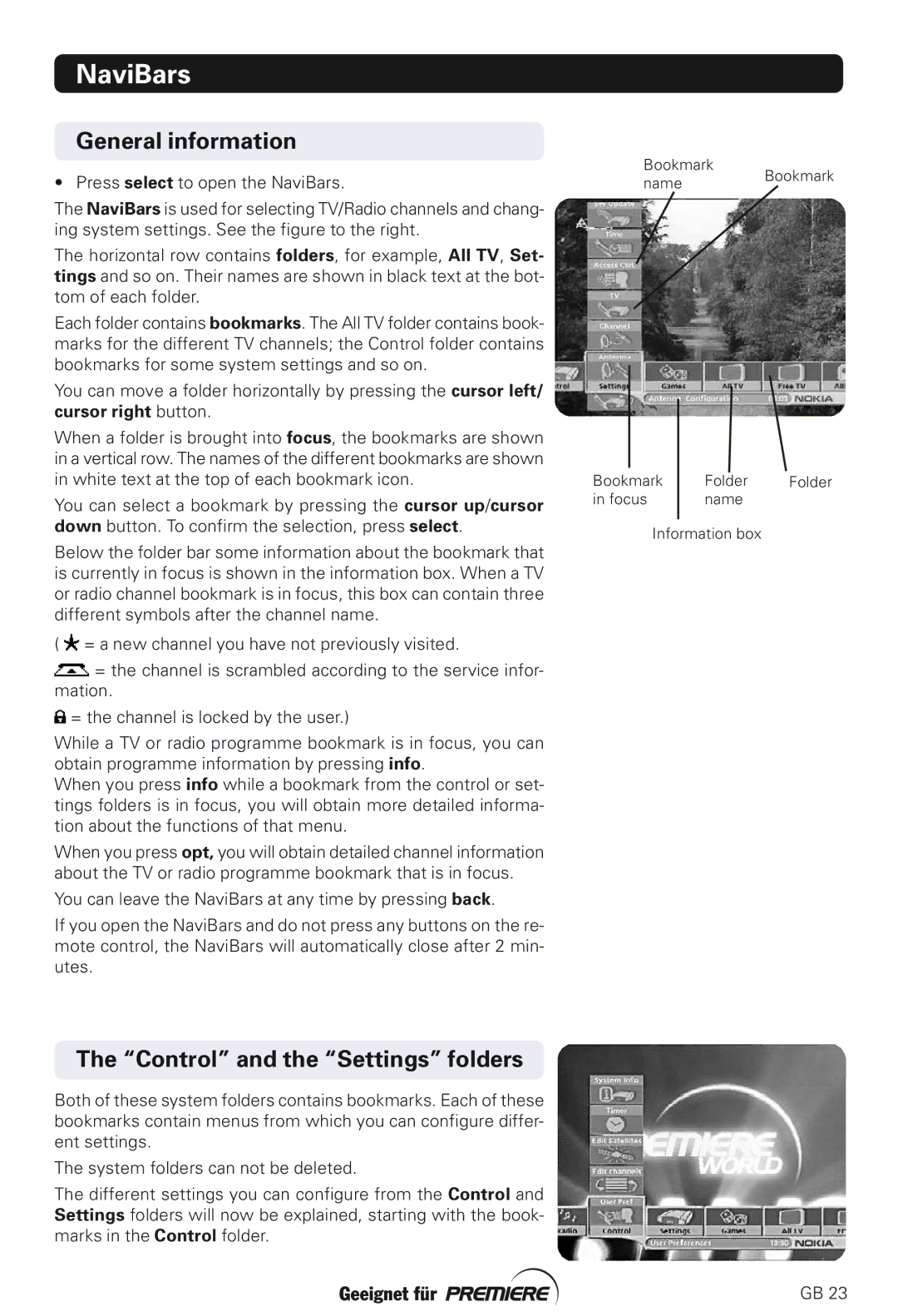 Nokia 211S manual NaviBars, Control and the Settings folders 